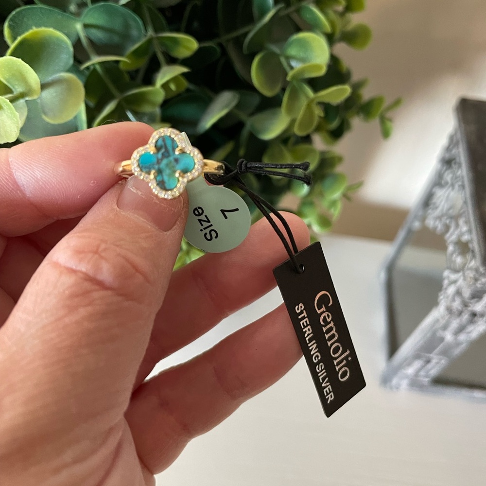 Brand New Gemolio Gold Over Sterling Silver Blue Copper Turquoise Clover 7 Ring